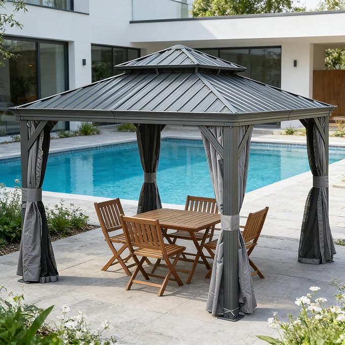 Domi 13x13FT Outdoor Gazebo, Hardtop Gazebo with Galvanized Steel Double Roof, Metal Gazebos with Drainage System Patio Pergola for Patio Deck Backyard,Curtain and Netting,Gray