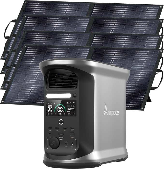 AMPACE Andes 1500 Portable Solar Power Station with 4 * 100W Solar Panels Included, 1462Wh LFP Solar Generator, 2400W(Surge 3600W) Output, 1800W AC Charging/600W Solar, Emergency Backup for Home Use