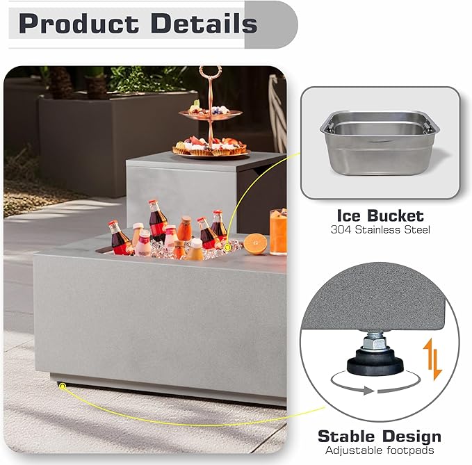48 inch Propane Fire Pit Table with Ice Bucket, 2 in 1 Rectangular Outdoor Fire Pit with 20lb Tank Cover, Outside Patio Deck and Garden, Gas Fireplace Table with Lid and Stone
