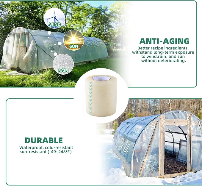 Greenhouse Repair Tape, 6.3 mil Thickness Greenhouse Plastic Tape, Clear UV Resistant Greenhouse Sheeting Coverings Film Tape(4inX213ft)