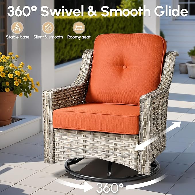 5 Pieces Patio Outdoor Furniture Set with Swivel Rocking Chairs,All Weather Wicker Rattan Patio Seating Sofa and Chair Set w/Glowing Table,Outdoor Conversation Sets for Deck Yard Garden,Red