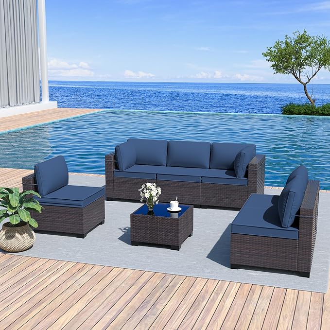 Kurapika 7 Pieces Patio Furniture Set, Rattan Wicker Outdoor Conversation Sets w/4 Inch Cushion and Glass Coffee Table(Navy Blue)