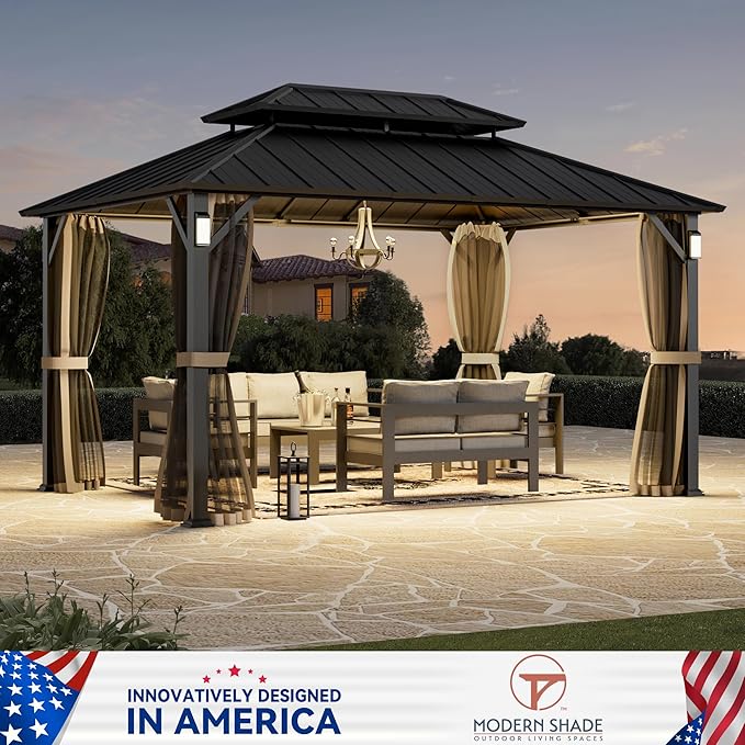 Modern Shade The Horizon Hardtop Gazebo 10' x 14' with 4 LED Lights, Permanent Outdoor Gazebo with Galvanized Steel Double Roof, Grill Pavilion with Decor Hooks, Mosquito Nettings, Black