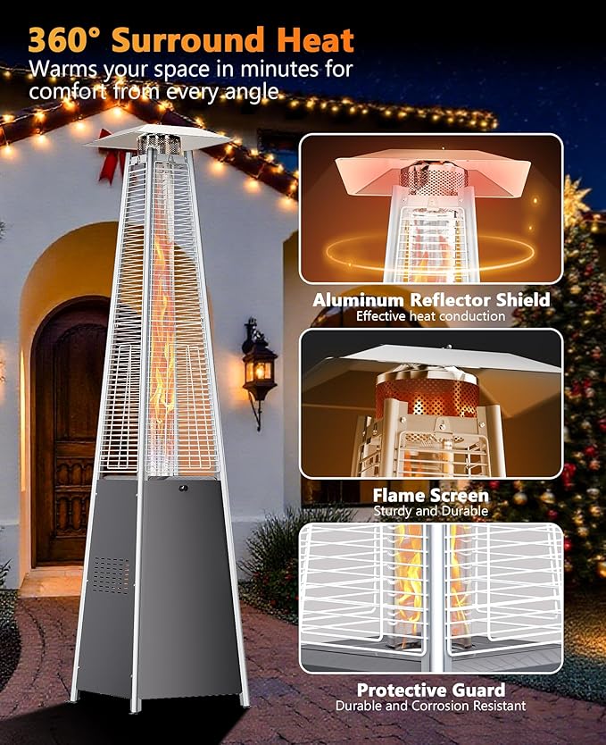 HUGROVE Pyramid Patio Heater, 48,000 BTU Rapid Heating Outdoor Propane With Wheels and Weatherproof Cover, Triple Protection System for Patio & Backyard & Garden & Pool (1 Gray Heater)