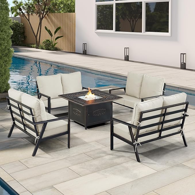 Oakland Living Black Aluminum Patio Fire Table Set with Four Deep Seating Loveseats with Cushions with Light Grey Cushions