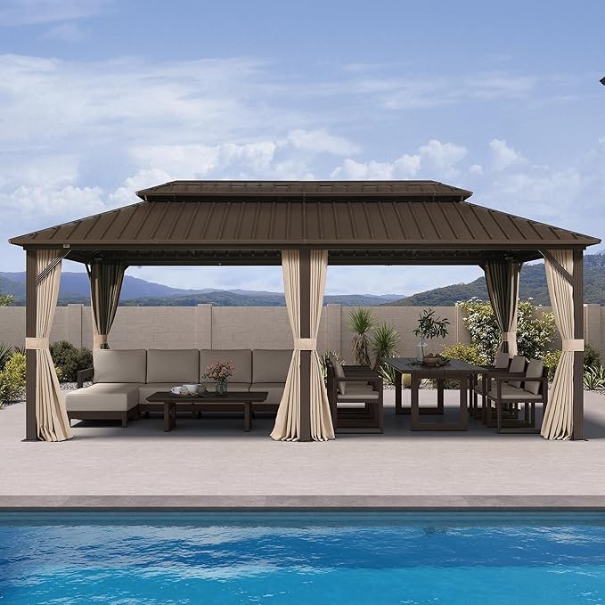 PURPLE LEAF 10’ X 20’ Outdoor Hardtop Gazebo Metal Frame Galvanized Steel Double Roof with Curtains and Nettings for Patio Desk Backyard Bronze