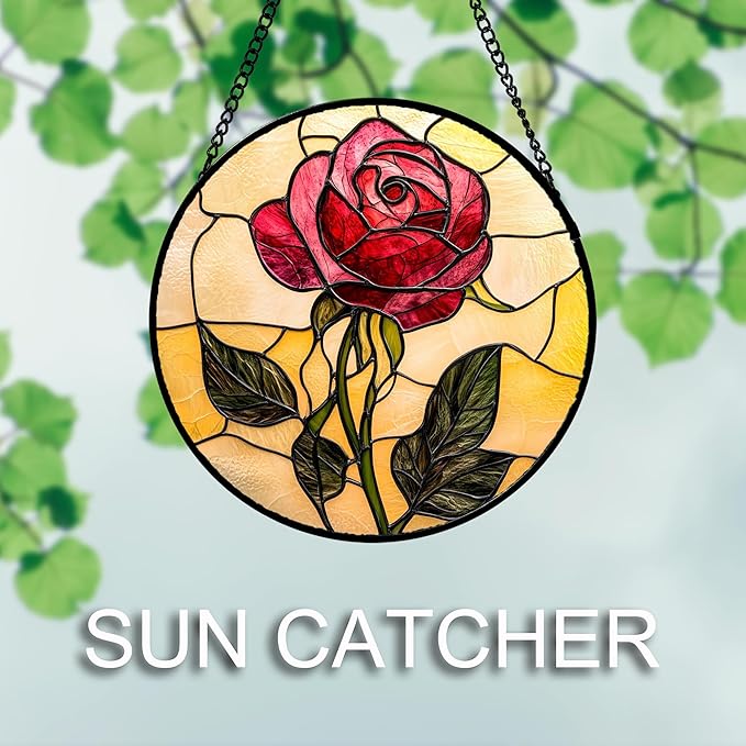 AMDERVEN Stained Glass Window Hanging 4 Pcs Set Lily Rose Sunflower Poppy 9.8" - Flower Suncatcher Door Garden Sun Catcher Decor Birthday Mother's Day for Wife Woman Nana Girl