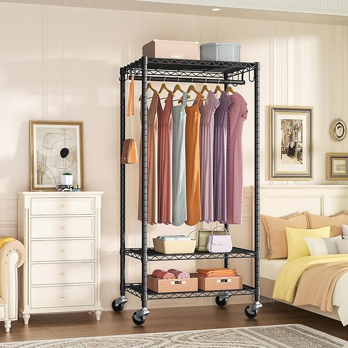 FUTASSI P6 Medium Rolling Clothes Rack Heavy Duty, Clothing Racks for Hanging Clothes, Freestanding Garment Rack with Wheels, Portable Closet Rack Max Load 370 LBS, 30''W x 14''D x 77.6''H, Black
