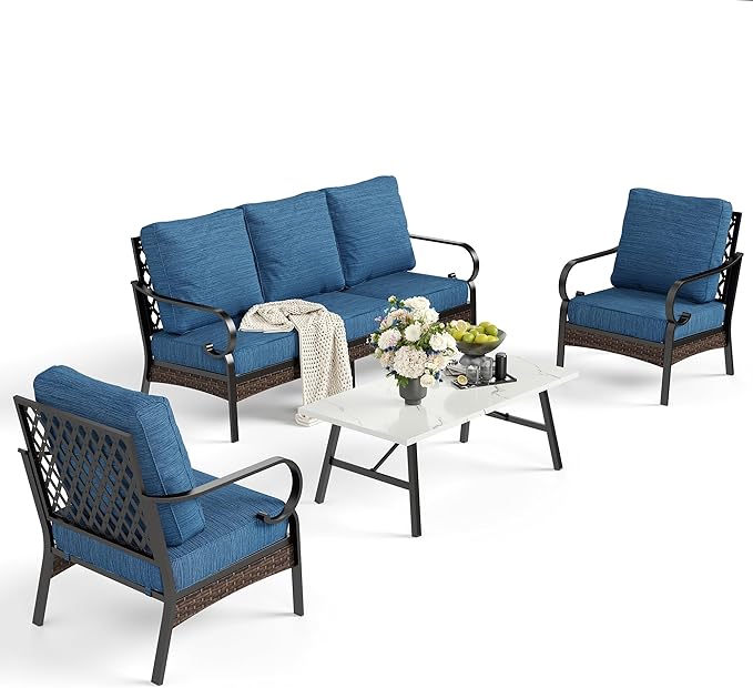 4 Piece Metal Outdoor Patio Furniture Set, Patio Conversation Sets 1 3-Seater Sofa, 2 Chairs with 5.75" Extra Thick Cushion and Coffee Table, Black Frame Backyard Furniture, Blue-2