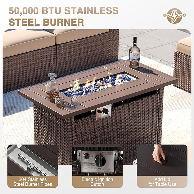 Aoxun Patio Furniture Sets, 8-Piece Outdoor Patio Furniture with 44'' Propane Gas Firepit Table, Wicker Outdoor Conversation Set Sectional Sofa for Backyard, Poolside, Garden