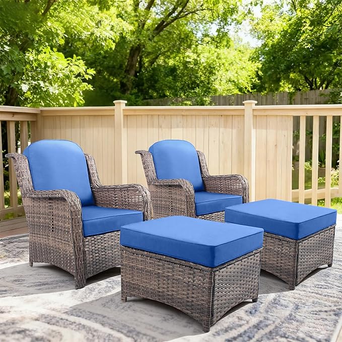 4 Pcs High Back Wicker Patio Chairs Set with Ottoman, Outdoor Porch Chair with Thick Cushion for Balcony Deck Yard and Porch, Blue