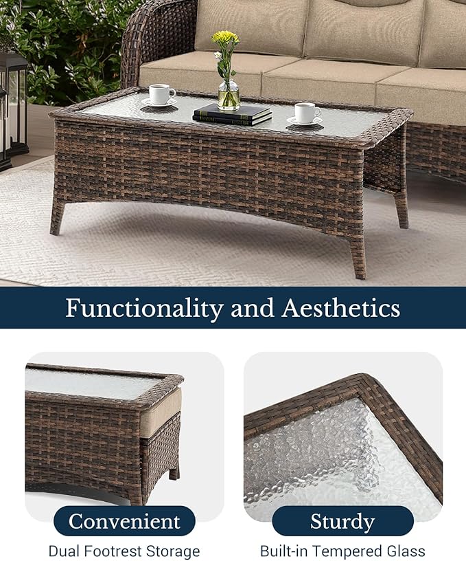 HILLGA Luxury High Back Patio Furniture Set with 6-Inch Thick Cushion, 7-Piece Outdoor Conversation Set with Sofa, Swivel Rocker Chairs & Ottomans, Ideal for Porch Pool Deck Yard (Beige)