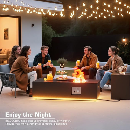 48 inch Propane Fire Pit Table LED, 2 in 1 Rectangular Outdoor Fire Pit with 20lb Tank Cover, Outside Patio Deck and Garden, Gas Fireplace Table with Lid and Stone, 50,000 BTU Adjustable Flame