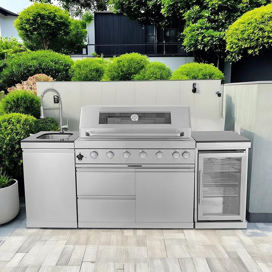 85-Inch 6-Burner 85000 BTU Deluxe Stainless Steel Gas Outdoor Kitchen Bar Barbecue Island Grill, Wine Cooler Compact Refrigerator, Rotisserie, Granite Countertops, Storage Cabinets & Drawers, Silver