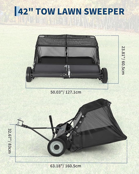42" Lawn Sweeper Tow Behind, 21 Cu.Ft Capacity Pull Behind Yard Sweeper Large Leaf Collector, Leaf & Grass Catcher with Adjustable Brush Height & Dump from Seat Handle for Yard, Farm, Garden