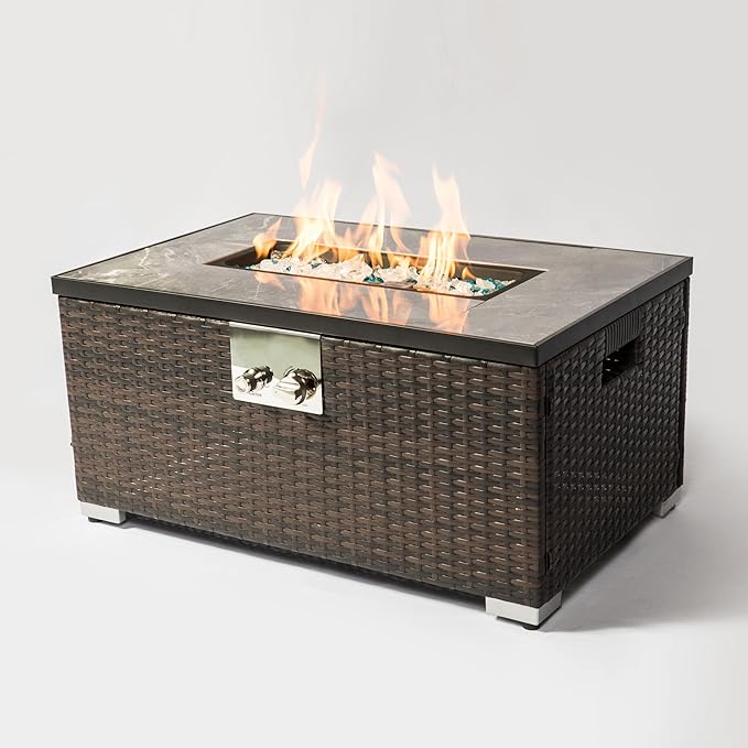 Propane Fire Pit Table, 32" Firepits for Outside, Gas Fire Pit for Outside Patio, Propane Fire Table with Steel Lid, Rain Cover for Patio, 50000BTU, Tank Outside, Tank Not Included, Brown