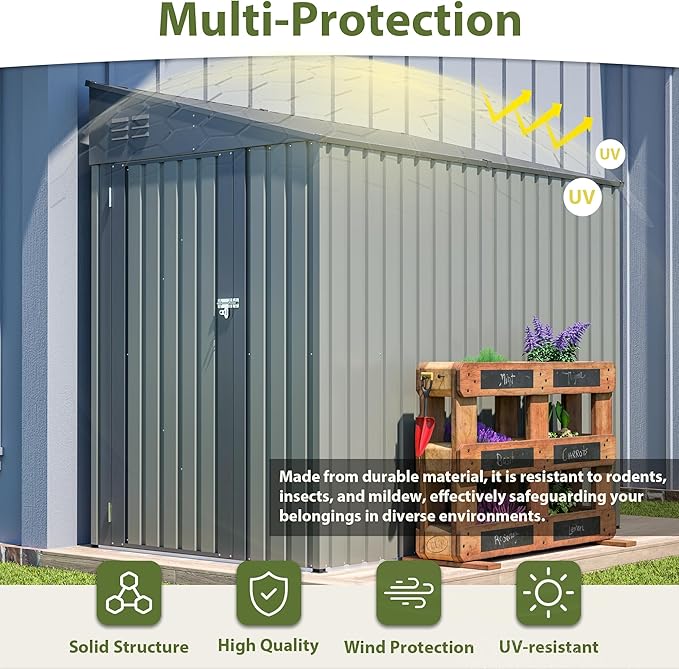 4x7 FT Metal Outdoor Storage Shed, Lean-To Garden Tool and Bike Shed with Lockable Door and Air Vents, Waterproof Sloped Roof Steel Utility Shed for Backyard, Patio,Lawn Equipment, Olive Gray