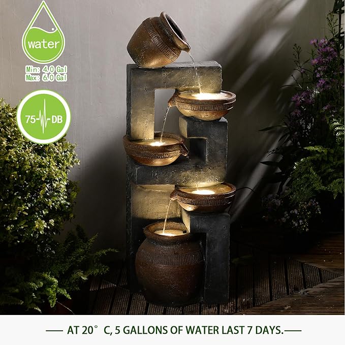 Bumilgar 33.8" H Water Fountain Outdoor with LED Lights & Pump, 5-Tier Cascading Outdoor Fountain for Garden,Patio,Porch,Backyard,Home Art Decor (Brown)