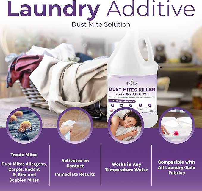 Hygea Natural Dust Mite Laundry Additive - Eliminates Dust, Carpet, Rodent, Bird & Scabies Mites - Pet & Child-Friendly, Eco-Friendly for Bedding, Clothing, Linens - 128oz