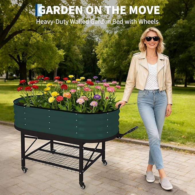 Oval Galvanized Raised Garden Bed Kit with Legs & Storage Rack for Patio, Easy Assembly, Thick Metal Outdoor Planter Box for Vegetables, Flowers, Patio Gardening, Green