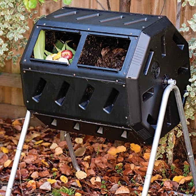 FCMP Outdoor IM4000-WK 37 Gallon Plastic Dual Chamber Tumbling Composter Outdoor Elevated Rotating Garden Compost Bin with Wheels, Black/Black