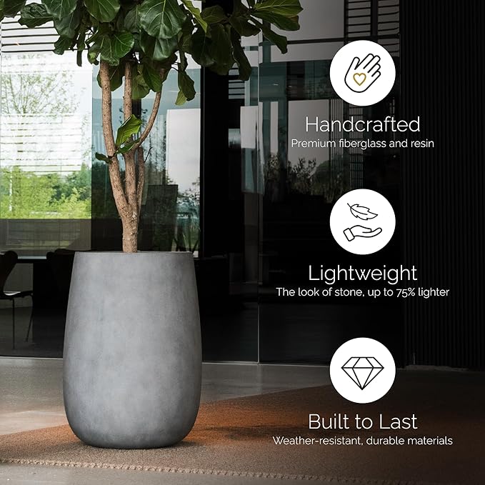 Mondo High Tall Planter – Grey Stone Finish – Fiberglass Indoor/Outdoor and Weather-Resistant Round Planter (21.6" D x 35.6" H Exterior, 20.3" D x 35.4" H Interior)