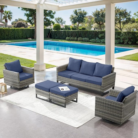 5 Piece Wicker Patio Furniture Set - Outdoor Swivel Rocker Chairs Set with 3 Seat Sofa and Ottomans, Small Patio Conversation Sets Proch Furniture for Balcony Deck - Grey/Blue