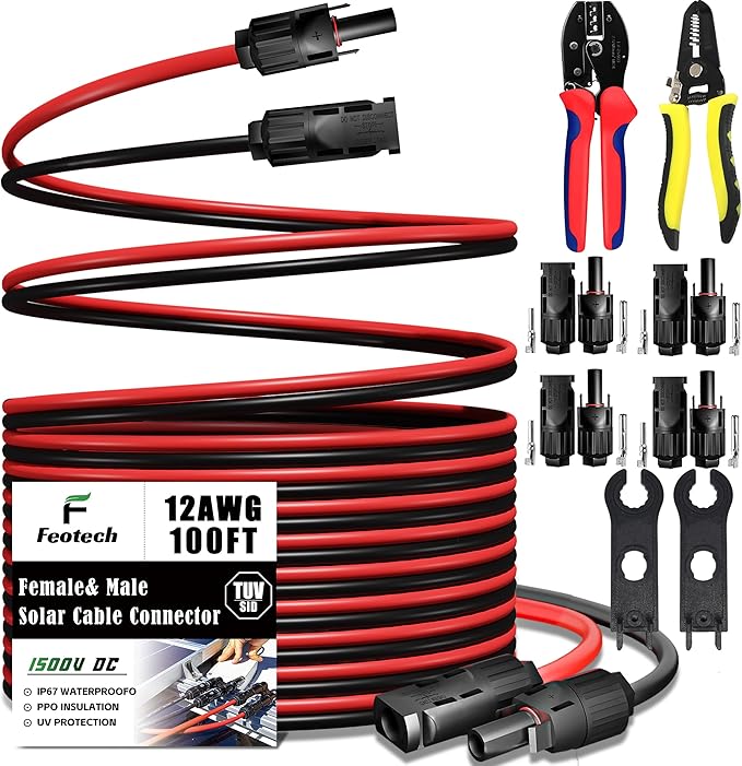 Twin Wire 100FT Solar Extension - 12AWG (4mm²) Solar Connector, with 4 Pairs-IP67-Male/Female Solar connectors for Outdoor Automotive RV Boat Marine Solar - Black & Red