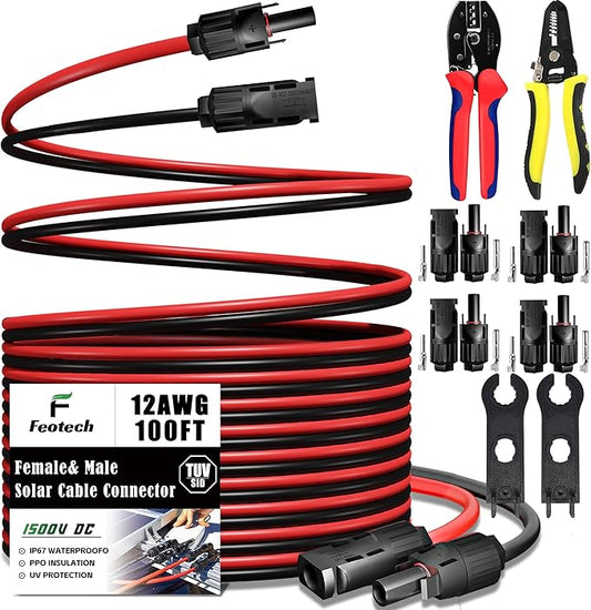 Twin Wire 100FT Solar Extension - 12AWG (4mm²) Solar Connector, with 4 Pairs-IP67-Male/Female Solar connectors for Outdoor Automotive RV Boat Marine Solar - Black & Red