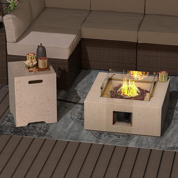 SUNBURY Outdoor 28 Inch Propane Fire Pit Table, Square Fire Table w Tank Table, 40,000 BTU Spotted White Patio Gas Fire Table w Glass Wind Guard, Waterproof Cover, Lava Rocks …