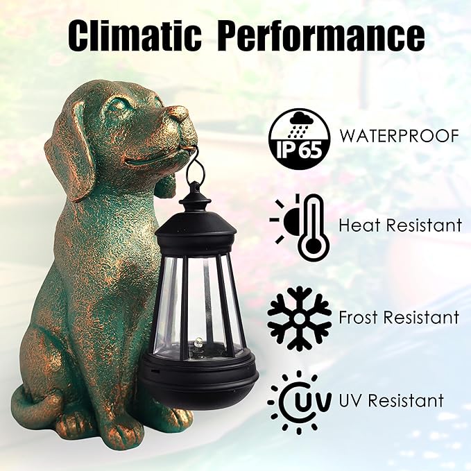 RCTTICUU Dog Garden Statue Outdoor Décor with Solar Lights Lantern,Dog Solar Light Figurines Outside Decorations for Yard，Lawn ,Patio, Balcony, Unique Housewarming Gifts
