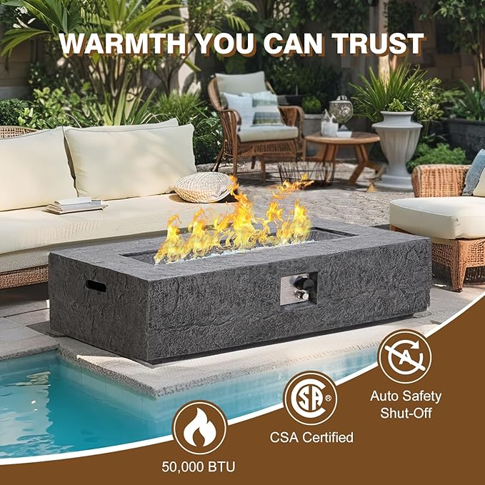 Outdoor Propane Fire Pit Table Set – Premium Slate-Like MgO Finish, 48-Inch Gas Fire Table for Patio, Garden & Backyard, Includes Rain Cover & Glass Beads