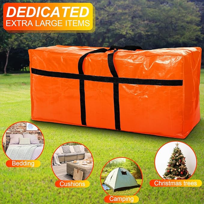 Windyun 4 Pack 57 Gallon Extra Large Storage Bags XXL Moving Bags with Zipper Handles Heavy Duty Jumbo Big Tote Box for Christmas Tree Storage 4, 5, 7.5, 9, 10, 12 ft Skeleton College Dorm(Orange)