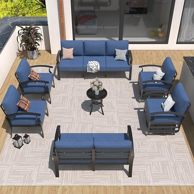 Aluminum Patio Furniture Set, 9 Seats Outdoor Patio Conversation Set with Swivel Chair Modern Metal Patio Sectional Sofa with Upgrade Cushions for Patio, Backyard Navy