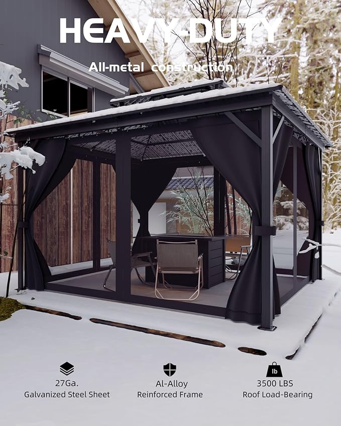 GarveeLife Hardtop Gazebo 12 ft x14 ft for All Weather, with Double Metal Roof, Aluminum Alloy Frame, Net, and Curtain, Permanent Building for Patio, Deck, Backyard, Lawn, and Garden