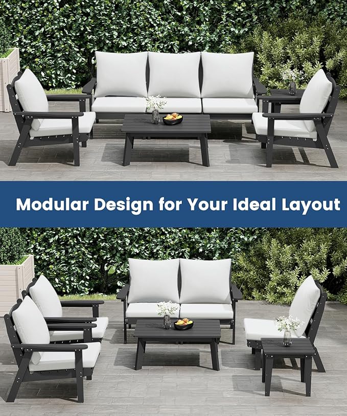 FOOWIN 4-Piece Patio Furniture Set, HDPE All-Weather Outdoor Conversation Set with Thick Cushions, Sectional Patio Sofa Furniture for Deck, Porch, Lawn, Garden, Grey Frame & White Cushion