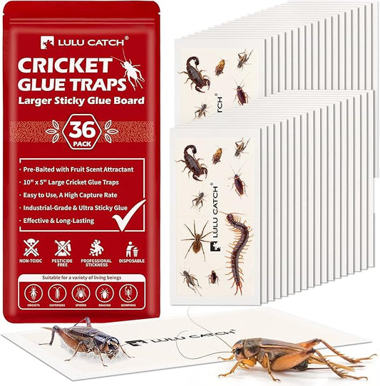 LULUCATCH Cricket Insect Glue Traps - 36 Pack Bug Sticky Traps, Large & Adhesive Spider Scorpion Trap with Pre-Baited Attractant, Highly Effective Glue Boards Indoor, Non-Toxic, Pet Safe Pest Control