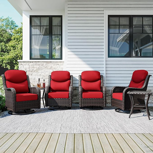 Patio Swivel Chairs Set of 4 and Side Table, Outdoor Swivel Rocker Patio Chairs with High Back and Thick Cushions, Wicker Patio Furniture Set for Porch, Deck Use (Red, 6 PCS)