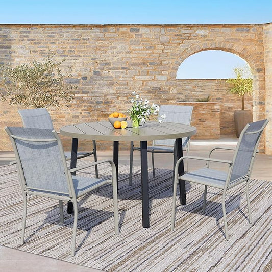 5 Pieces Patio Dining Set for 4, Beige Blue Patio Stackable Chairs and Honey Oak Round Table Set of 4, Outdoor Furniture Set with Sling Support for Outside, Garden
