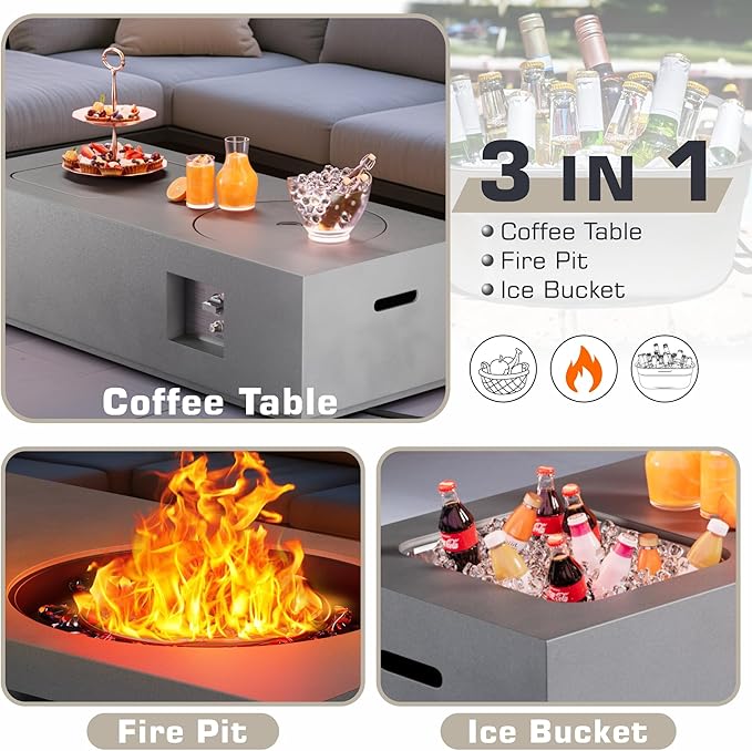 48 inch Propane Fire Pit Table with Ice Bucket, 2 in 1 Rectangular Outdoor Fire Pit with 20lb Tank Cover, Outside Patio Deck and Garden, Gas Fireplace Table with Lid and Stone