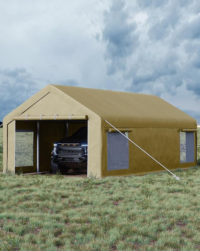 13x25 FT Carport,Heavy-Duty Carport with 4 Roll-Up Windows & Doors, Portable Garage 200g PE Tarp, Waterproof & UV Protected Outdoor Shelter for Car, Boat, Truck, Motorcycle