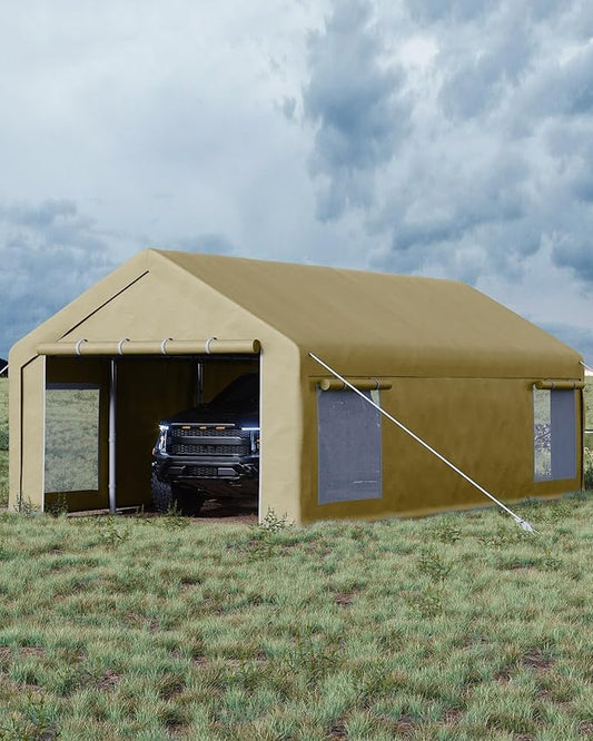 13x25 FT Carport,Heavy-Duty Carport with 4 Roll-Up Windows & Doors, Portable Garage 200g PE Tarp, Waterproof & UV Protected Outdoor Shelter for Car, Boat, Truck, Motorcycle