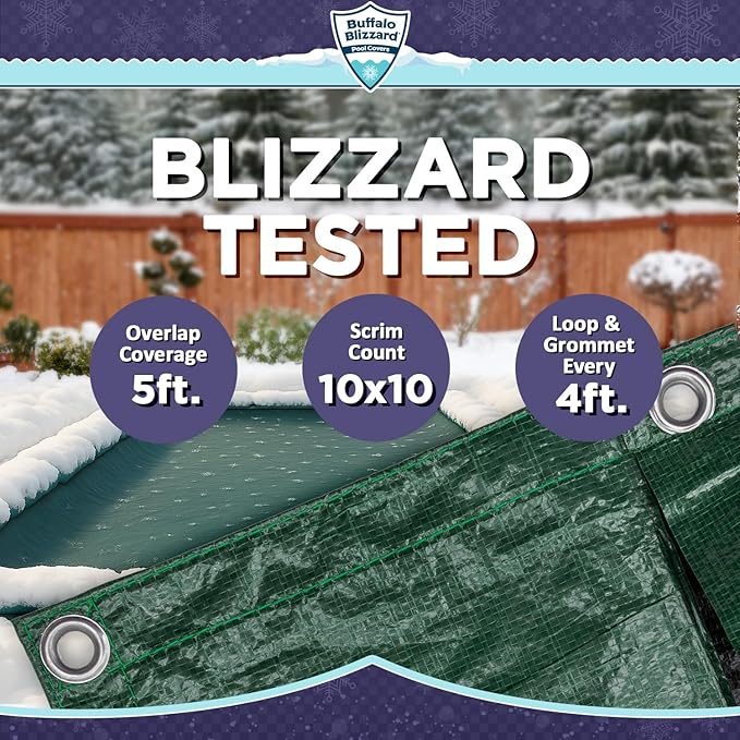 Buffalo Blizzard Supreme 16 ft x 32 ft Rectangular Winter Pool Cover | Green/Black | Closing Inground Swimming Pools | Easy to Install | Heavy Duty, Cold & UV Resistant | Shields from Seasonal Debris