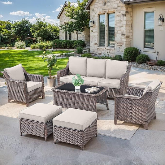6 Pieces Outdoor Patio Furniture-High Back Rattan Wicker Couch with Outdoor Chairs Patio Conversation Sets for Porch Garden Backyard Poolside-Brown/Beige