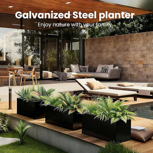 Black Planter Box Galvanized Steel Metal Planter Rectangular Indoor Large Outdoor Planters Steel Metallic Heavy Flower Pot 36In x 12In x 16In Commercial Residential for Patio, Backyard, Garden