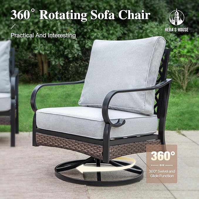HERA'S HOUSE 6 Piece Metal Patio Furniture Set with 56" Fire Pit Table, All Weather Outdoor Conversation Set 7 Seats, 3 Seat Sofa, 2 Swivel Chairs, 2 Fixed Chairs for Backyard Garden Deck, Light Grey
