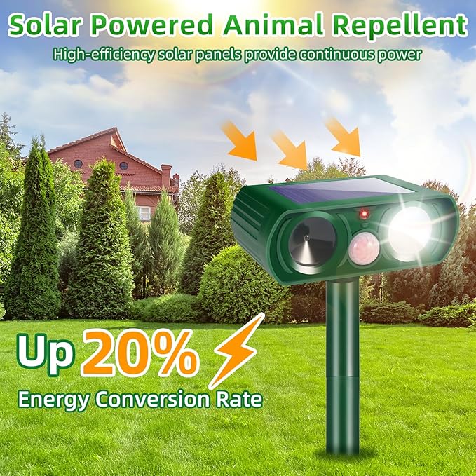 2026 New Solar Ultrasonic Animal Repellent Outdoor Motion Activated Deer Repellent Cat Deterrent with Flash Light to Keep Rodent Dog Skunk Rabbit Raccoon Squirrel Out of Yard Garden Lawn,4Pack
