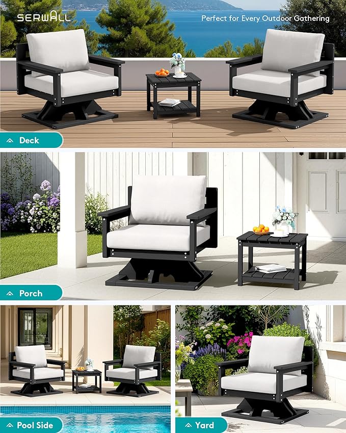 SERWALL Outdoor Swivel Chairs, HDPE All-Weather Patio Swivel Sofas with Thick Cushions for Porch, Balcony, Black Frame with Beige Cushions