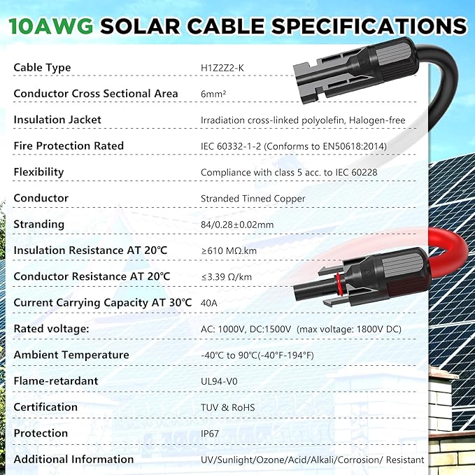 Oududianzi Solar Extension Cable 40Ft, Solar Wire 10AWG, Tinned Copper PV Cable 10Gauge, Solar Panel Wires and Connectors for Home RV Boat Outdoor Camping Solar Photovoltaic Systems, Set of 2