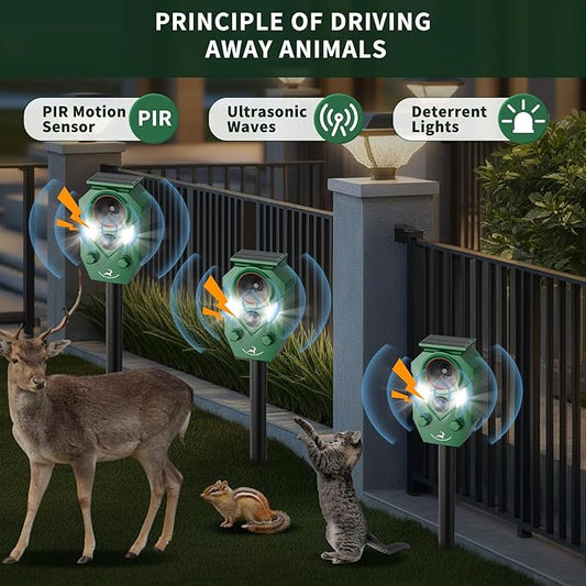 4 Pack Ultrasonic Deer Repellent Devices Outdoor, Solar Animal Repellent Outdoor for Yard Garden Rabbit Repellent Device Effective Repel Cat, Dog, Squirrel, Deer, Raccoon, Rabbit, and Skunk
